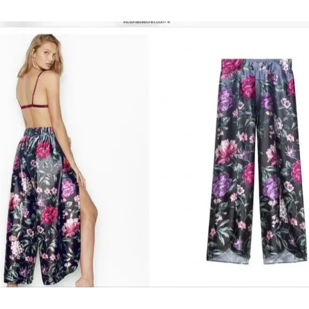 VICTORIA SECRET Floral Satin WIDE LEG TULIP Pants PAJAMA BOTTOM LOUNGE LK NEW XL - Picture 10 of 13